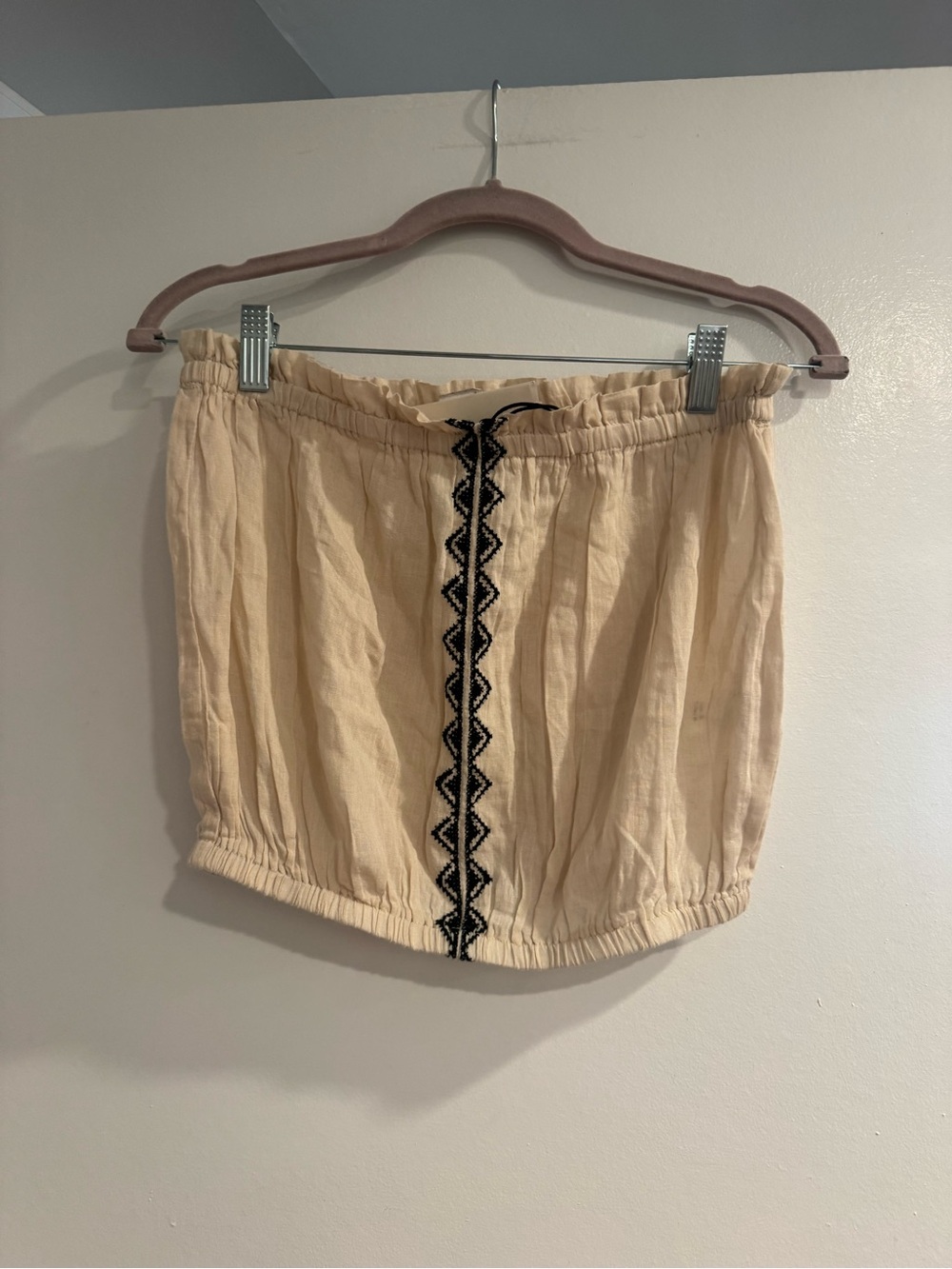 ELAN Croatia Cream Strapless Embroidered Boho Crop Top Black Embroidery M